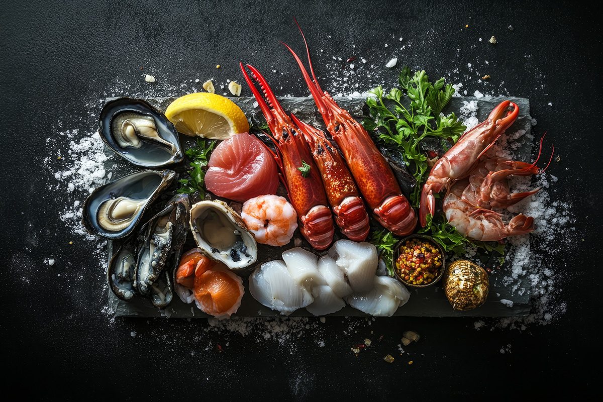 Crevetten, Muscheln, Fische und Gewürze auf schwarzem Hintergrund