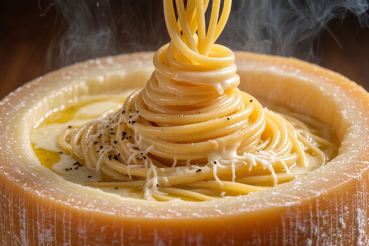 Im grossem Parmesanlaib werden Spaghetti gedreht