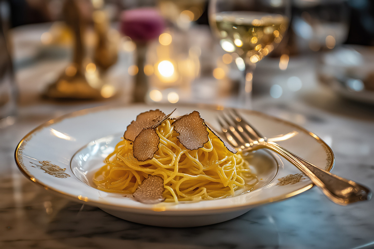 Grosser Teller mit feinen Spaghetti und weissem Trüffel