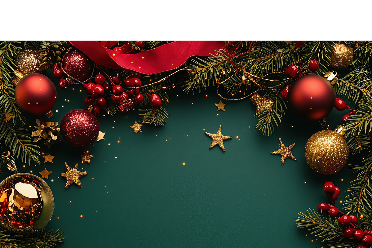 Christmas garland with pine branches, baubles, stars, and red berries