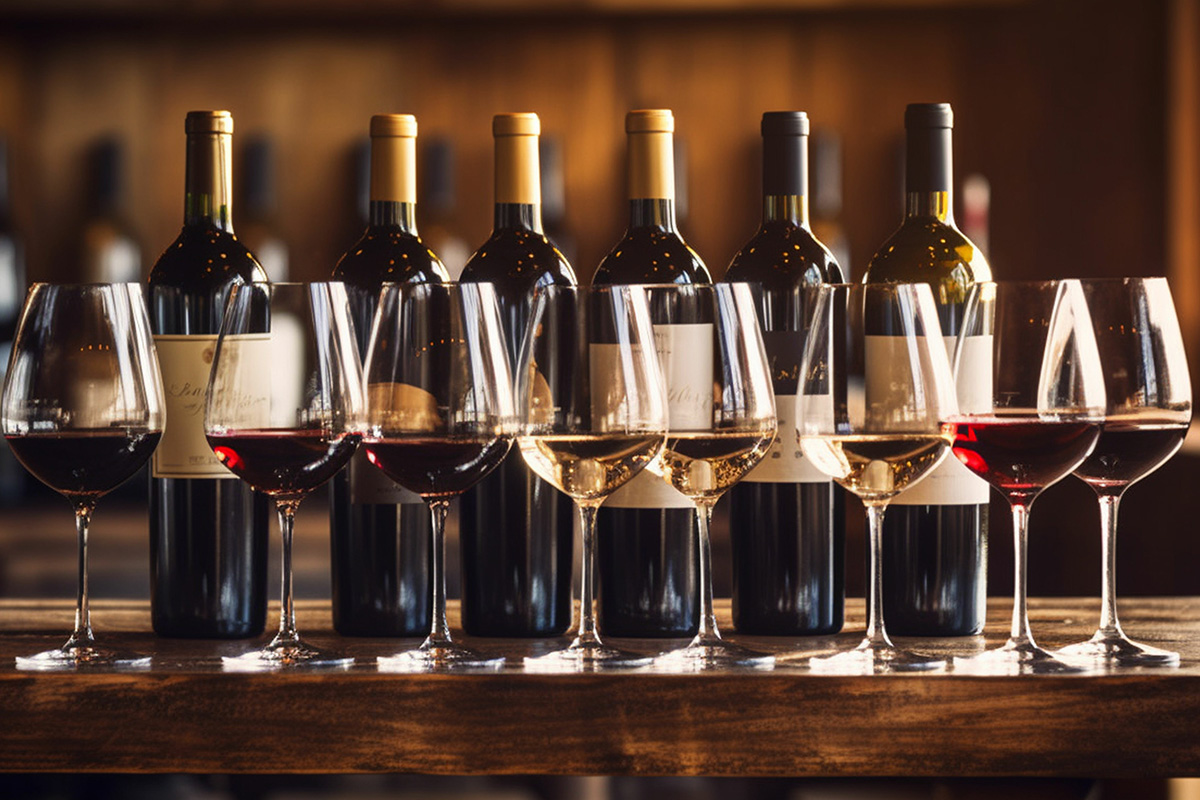 Auswahl an Rot- und Weissweinen in eleganten Weingläsern vor mehreren Weinflaschen auf einem Holztisch in stilvollem Restaurant-Ambiente.