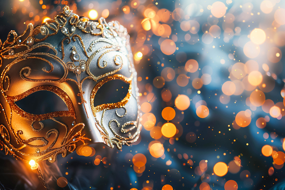 Venezianische Maske für die Silvesternacht mit goldenen Lichtern im Hintergrund.