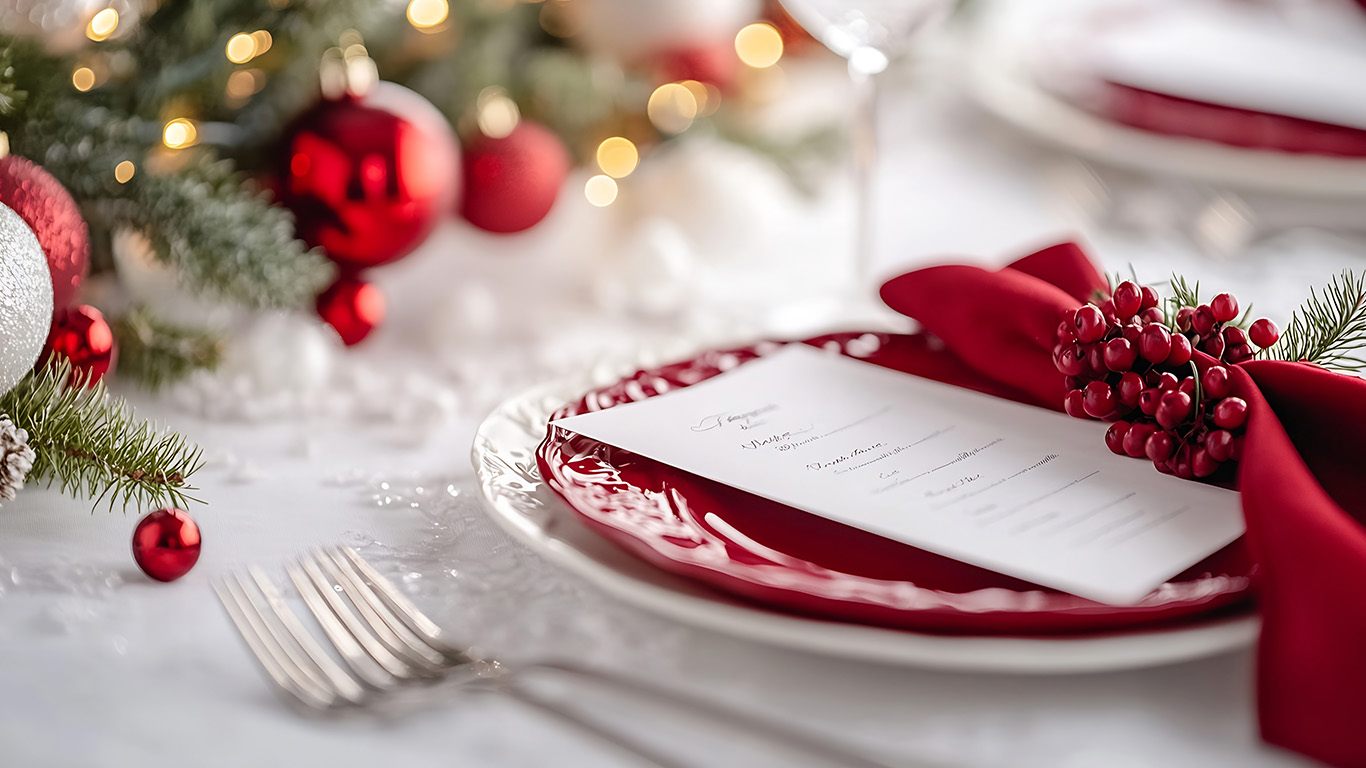 Festlich gedeckter Weihnachtstisch im Ristorante Mercato mit rotem Teller, einer Menükarte, roter Servietten-Deko mit Beeren sowie Tannenzweigen und roten Christbaumkugeln.