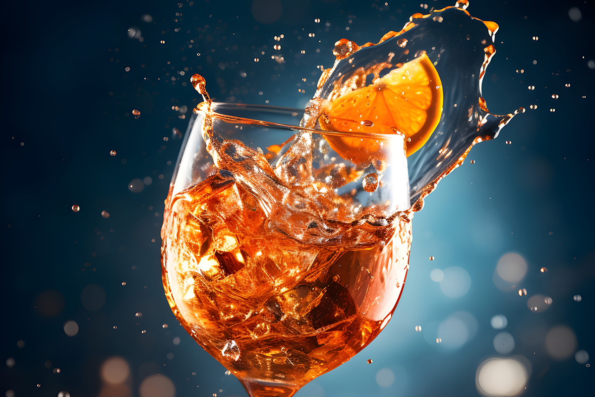 Aperitifglas mit Orangensaft-Splashes, Eis und Orangenscheibe vor funkelndem blauen Hintergrund.
